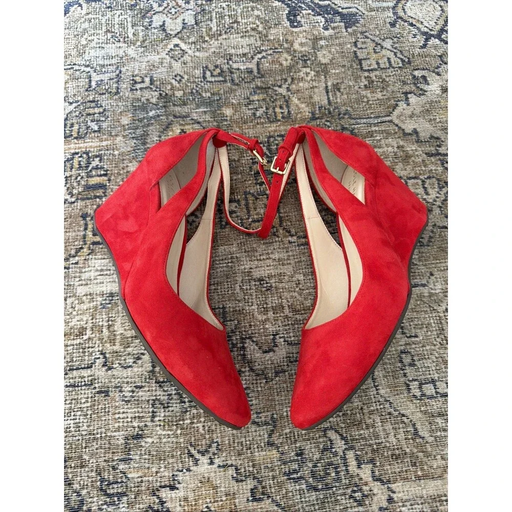 Cole Haan Lacey Cutout Wedge Pump Size 6.5 Cherry Red Suede Upper NWOB